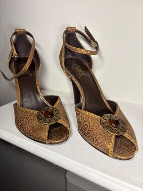 Carlos by Carlos Santana Women’s Brown Embossed Open-Toe Ankle Strap Heels